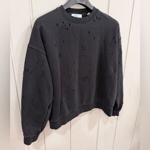 Sandro Black Crew Neck Sweater with Distressed Details